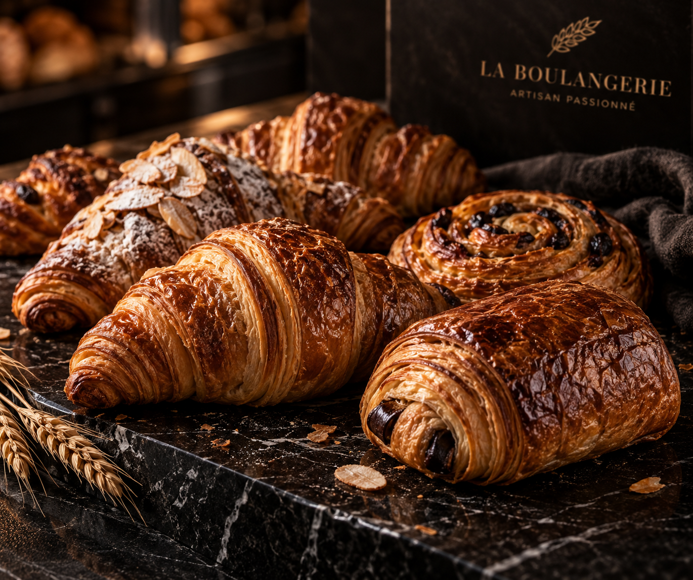 Croissants, pains au chocolat et pain aux raisins