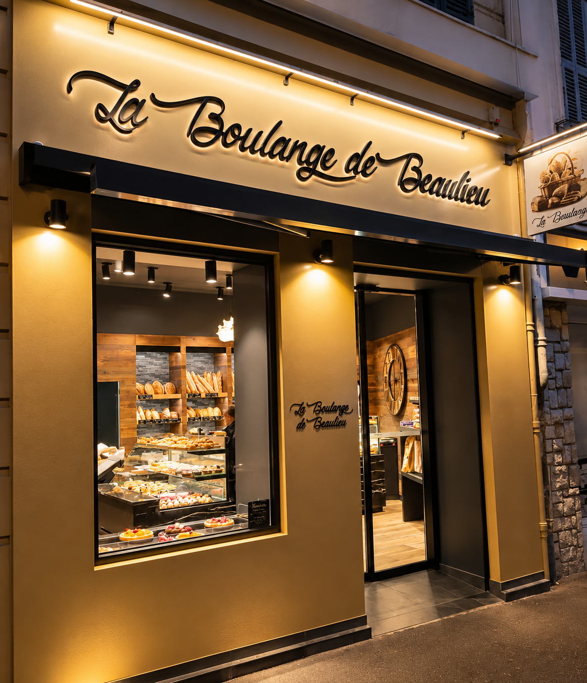 La devanture de La Boulange de Beaulieu, de nuit